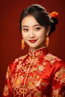 ai gerado estúdio retrato do feliz jovem ásia mulher vestem tradicional chinês traje em vermelho fundo, feliz chinês Novo ano. foto