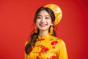 ai gerado feliz jovem ásia mulher vestem tradicional chinês traje em estúdio fundo, feliz chinês Novo ano foto