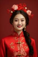 ai gerado estúdio retrato do feliz jovem ásia mulher vestem tradicional chinês traje em vermelho fundo, feliz chinês Novo ano. foto