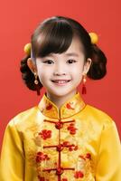 ai gerado estúdio retrato do feliz ásia menina vestem tradicional chinês traje em vermelho fundo, feliz chinês Novo ano. foto