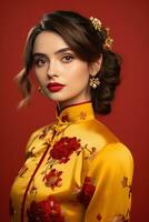 ai gerado estúdio retrato do feliz jovem europeu mulher vestem tradicional chinês traje em vermelho fundo. feliz chinês Novo ano foto