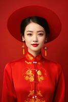 ai gerado estúdio retrato do feliz jovem ásia mulher vestem tradicional chinês traje em vermelho fundo, feliz chinês Novo ano. foto