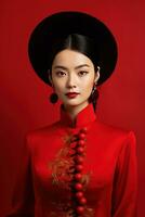 ai gerado estúdio retrato do feliz jovem ásia mulher vestem tradicional chinês traje em vermelho fundo, feliz chinês Novo ano. foto