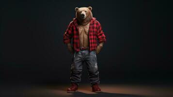 ai gerado estúdio tiro do Urso vestindo uma vermelho lenhador camisa em Sombrio fundo foto