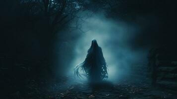 ai gerado assustador fantasma dentro a assustador selva às Sombrio noite fundo foto
