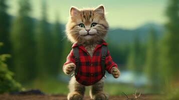 ai gerado gato vestindo uma vermelho lenhador camisa em verde natureza fundo foto