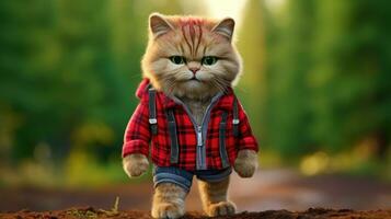 ai gerado gato vestindo uma vermelho lenhador camisa em verde natureza fundo foto