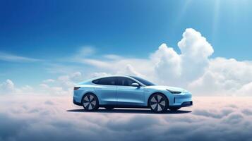 ai gerado elétrico veículo carro ou ev carro em nublado azul céu fundo. sustentável e renovável energia conceito foto