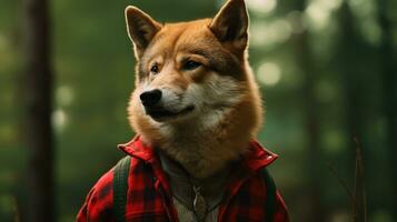 ai gerado cachorro vestindo uma vermelho lenhador camisa em verde natureza fundo foto