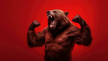 ai gerado músculo Urso gesto punho bombear, Urso mostrando brigando pose em vermelho fundo, grosseiro divergência dentro estoque mercado e criptomoeda negociação foto