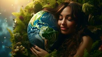 ai gerado feliz mulher abraçando planeta terra. fêmea abraçando globo terra para mundo proteção, terra dia, mundo meio Ambiente dia, Salve  º mundo. zero carbono dióxido emissões foto