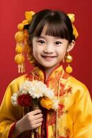 ai gerado estúdio retrato do feliz ásia menina vestem tradicional chinês traje em vermelho fundo, feliz chinês Novo ano. foto