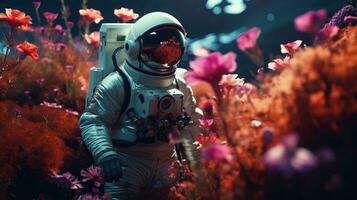 ai gerado a astronauta explorando e pesquisando uma variedade do plantas em de outros planeta. Ciência ficção, espaço foto