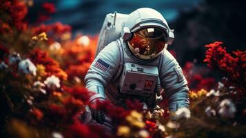 ai gerado a astronauta explorando e pesquisando uma variedade do plantas em de outros planeta. Ciência ficção, espaço foto