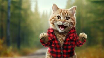 ai gerado gato vestindo uma vermelho lenhador camisa em verde natureza fundo foto