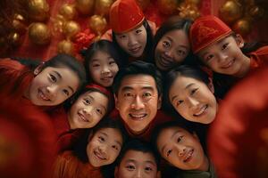ai gerado feliz ásia família a comemorar chinês Novo ano ao ar livre foto