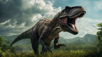 ai gerado tiranossauro rex dentro a verde pré-histórico selva floresta. t-rex a Caçando dinossauros é uma ampla carnívoro dinossauro este vivia dentro a atrasado cretáceo período foto