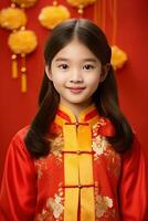 ai gerado estúdio retrato do feliz ásia menina vestem tradicional chinês traje em vermelho fundo, feliz chinês Novo ano. foto