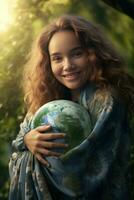ai gerado feliz mulher abraçando planeta terra. fêmea abraçando globo terra para mundo proteção, terra dia, mundo meio Ambiente dia, Salve  º mundo. zero carbono dióxido emissões foto
