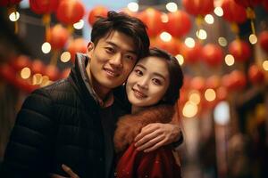 ai gerado feliz ásia casal a comemorar chinês Novo ano ao ar livre foto