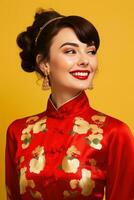 ai gerado estúdio retrato do feliz jovem europeu mulher vestem tradicional chinês traje em amarelo fundo. feliz chinês Novo ano foto