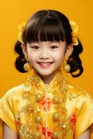 ai gerado estúdio retrato do feliz ásia menina vestem tradicional chinês traje em amarelo fundo, feliz chinês Novo ano. foto