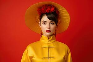 ai gerado feliz jovem europeu mulher vestem tradicional chinês traje em estúdio fundo, feliz chinês Novo ano foto