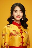 ai gerado estúdio retrato do feliz jovem ásia mulher vestem tradicional chinês traje em amarelo fundo, feliz chinês Novo ano. foto