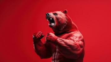 ai gerado músculo Urso gesto punho bombear, Urso mostrando brigando pose em vermelho fundo, grosseiro divergência dentro estoque mercado e criptomoeda negociação foto