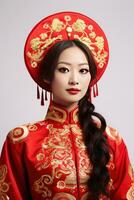 ai gerado estúdio retrato do feliz jovem ásia mulher vestem tradicional chinês traje em branco fundo, feliz chinês Novo ano. foto