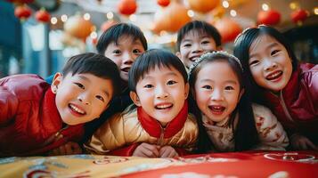 ai gerado feliz ásia crianças a comemorar chinês Novo ano ao ar livre foto