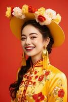 ai gerado estúdio retrato do feliz jovem europeu mulher vestem tradicional chinês traje em vermelho fundo. feliz chinês Novo ano foto