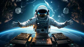 ai gerado astronauta dj mistura música às espaço Festa. dj tocam em a melhor edm, misturador controlador, entretenimento foto