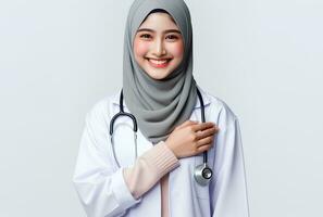 ai gerado retrato do uma sorridente fêmea médico com estetoscópio isolado branco fundo foto