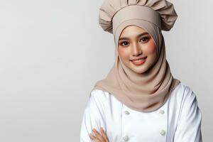 ai gerado a ásia fêmea chefe de cozinha vestindo uma hijab em uma branco fundo foto