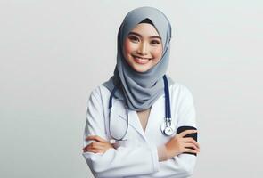 ai gerado retrato do uma sorridente fêmea médico com estetoscópio isolado branco fundo foto