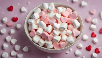 ai gerado uma tigela do marshmallows com corações em topo foto