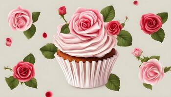 ai gerado uma Bolinho com Rosa rosas e folhas foto