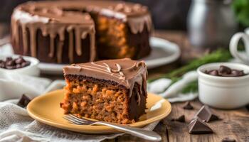 ai gerado uma peça do bolo com chocolate geada em topo foto