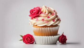 ai gerado Bolinho com Rosa rosas em uma branco fundo foto