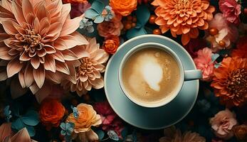 ai gerado copo do plano deitar café em a mesa com tulipa fundo foto