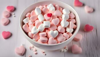 ai gerado uma tigela do marshmallows com corações dentro isto foto