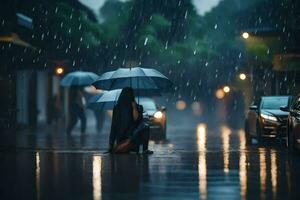 ai gerado uma pessoa com a guarda-chuva em pé dentro a chuva foto