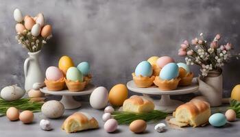 ai gerado Páscoa ovos e pão em uma mesa com flores foto