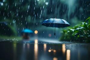 ai gerado uma azul guarda-chuva é visto dentro a chuva foto