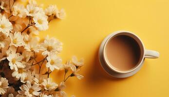 ai gerado copo do plano deitar café em a mesa com tulipa fundo foto