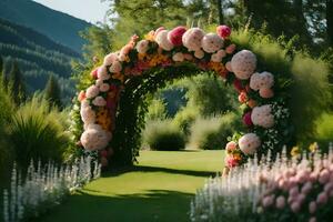 ai gerado uma Casamento arco fez do flores dentro a meio do uma campo foto