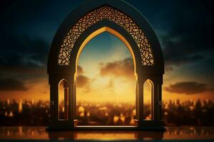 ai gerado Ramadã kareem saudações irradiar com lanterna, mesquita, janela conceito foto