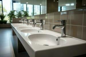 ai gerado linha do branco cerâmico lavar afunda e espelhos dentro moderno Sanitário foto