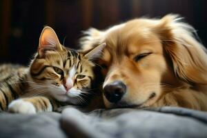 ai gerado serenidade reina Como gato e cachorro pacificamente compartilhar uma feliz dormindo arranjo foto